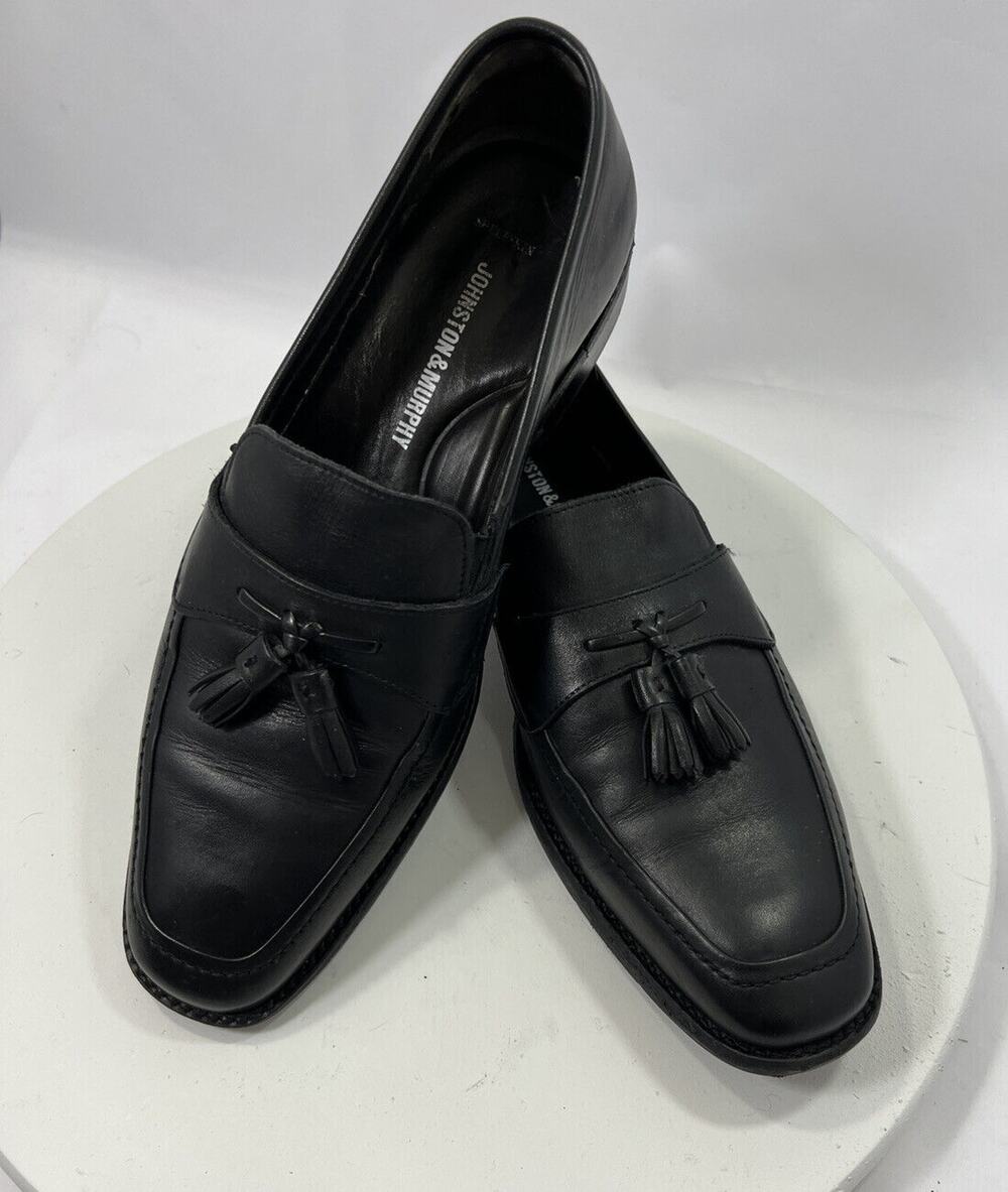 Johnston & Murphy Mens Black Leather Banded Vamp Tassel Loafer Shoe 9.5